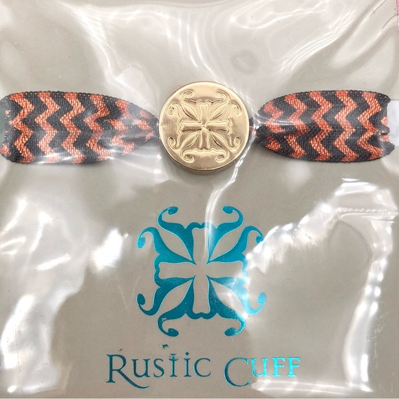 Rustic Cuff Orange Black Zig Zag Chevron Pattern Gold Tone Medallion Hair Tie - Picture 3 of 7